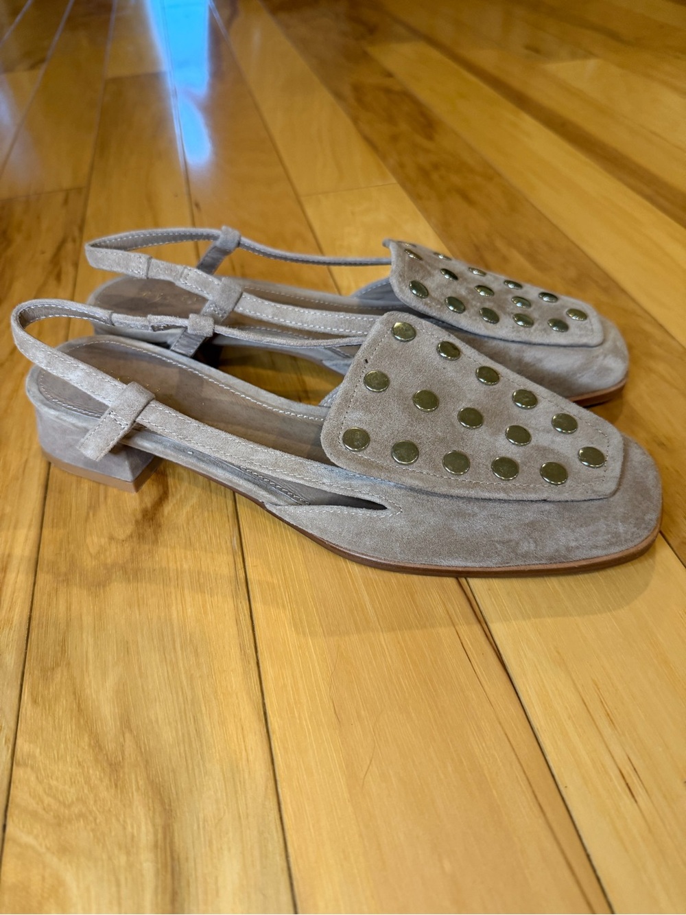 Cecelia New York Taupe Suede Studded Slingback Mules